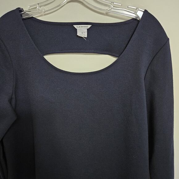 Club Monaco Stephanie Knit Dress Navy Long Sleeve Back Cut Out Size 12 Shift - Picture 2 of 9